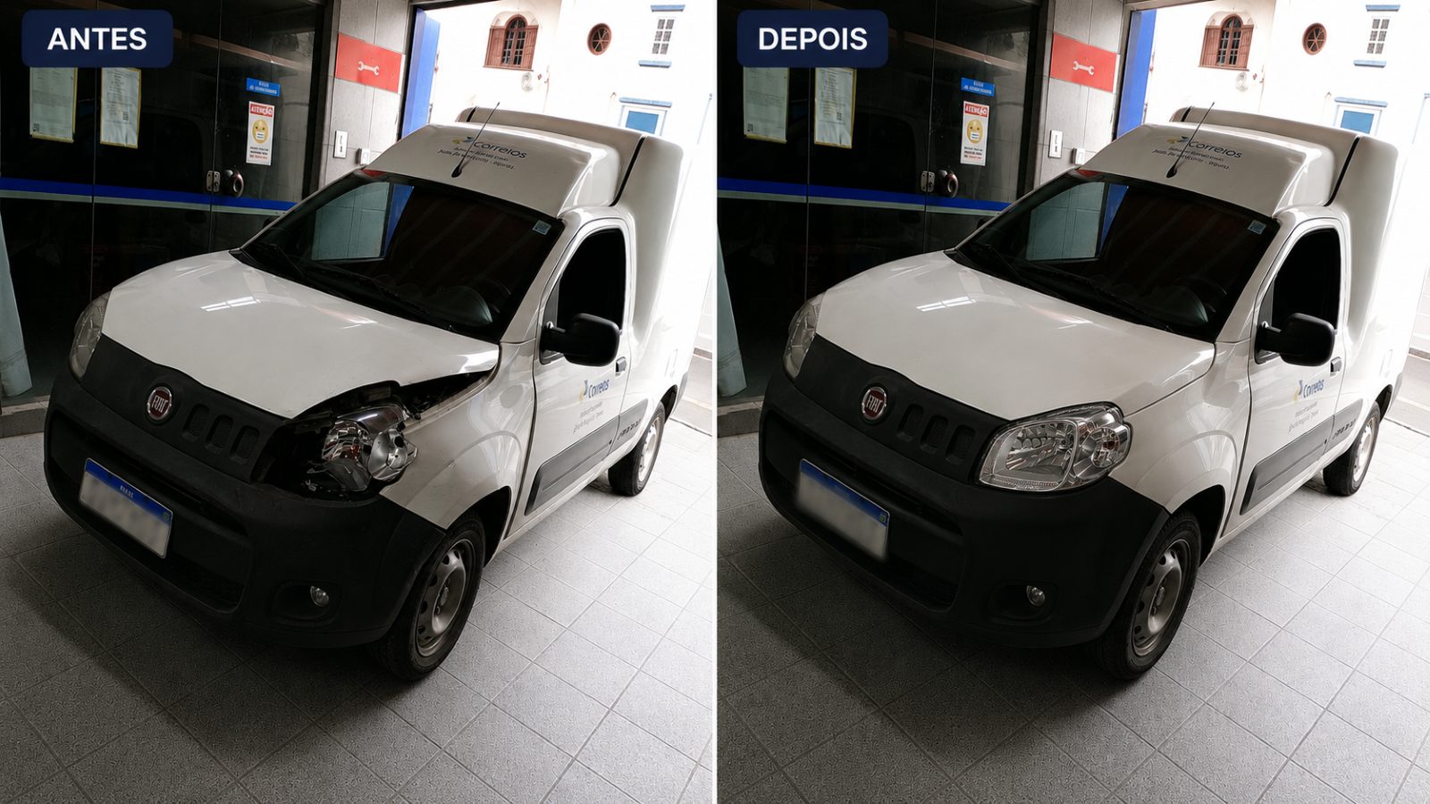 Antes e depois de reparo de funilaria e pintura realizado pela Tel-Car